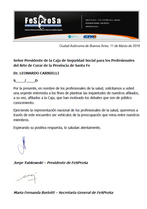 Pedido de entrevista de FESPROSA, a las autoridades la Caja de Seguridad Social