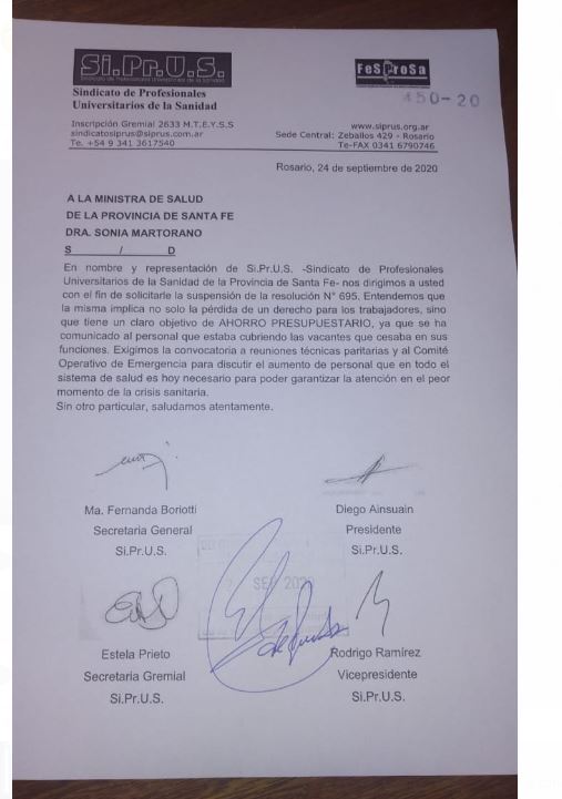 SiPrUS solicita al gobierno de la provincia la suspensión de la resolución 685