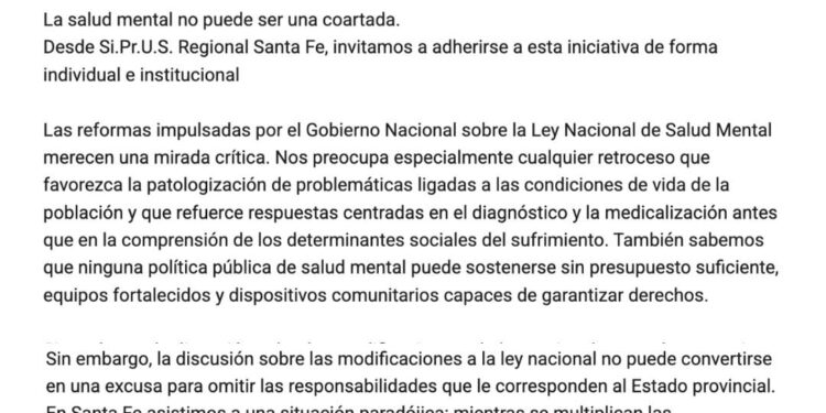 La salud mental no puede ser una coartada (Posicionamiento desde Si.Pr.U.S Regional Santa Fe)