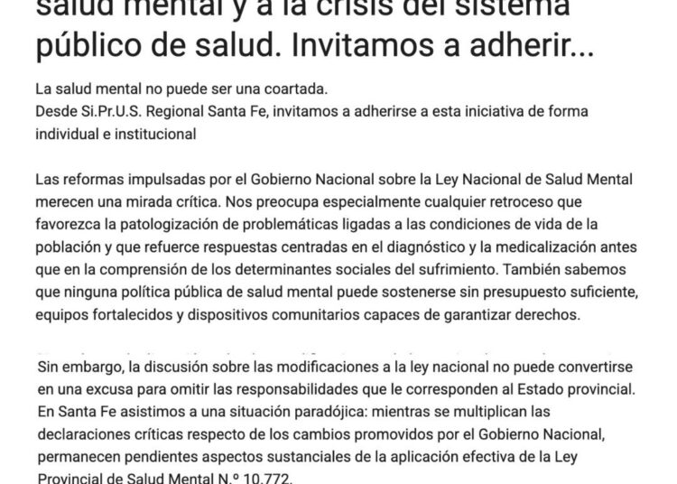 La salud mental no puede ser una coartada (Posicionamiento desde Si.Pr.U.S Regional Santa Fe)